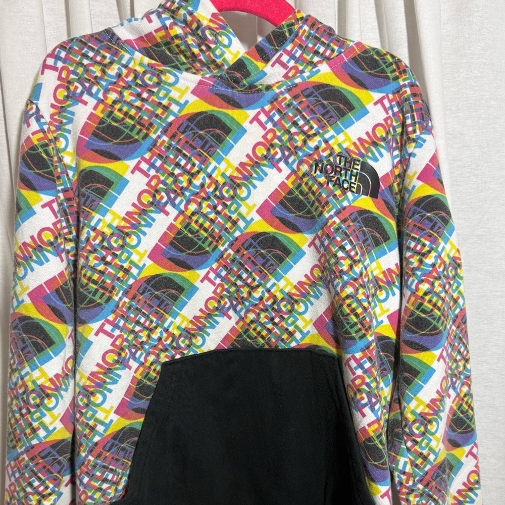 The North Face White Hoodie kids size 5 with Multicolor Logo Print
